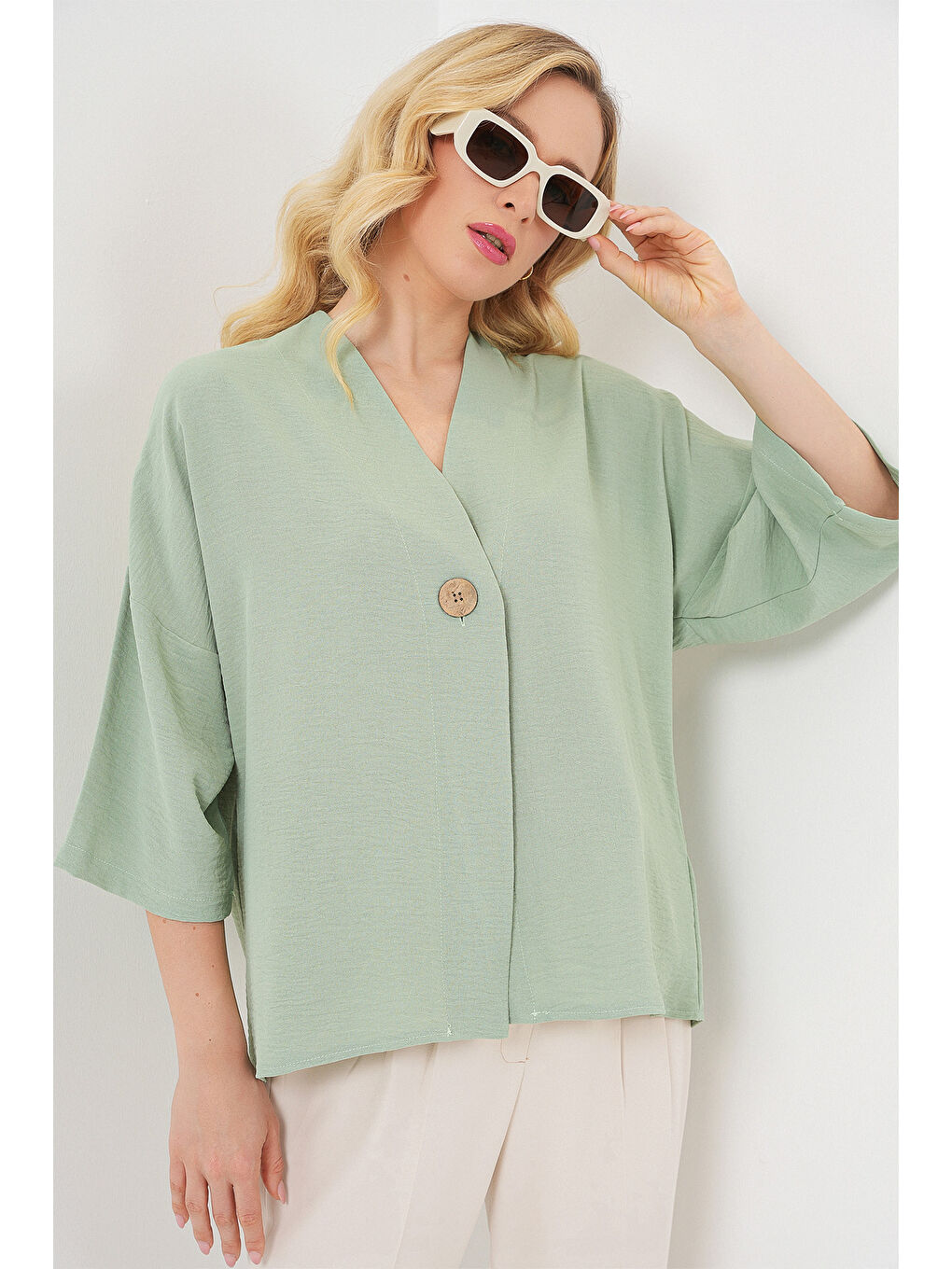 Yeşil Kadın Kısa Kol Oversize Kimono 5969 - Çağla-3