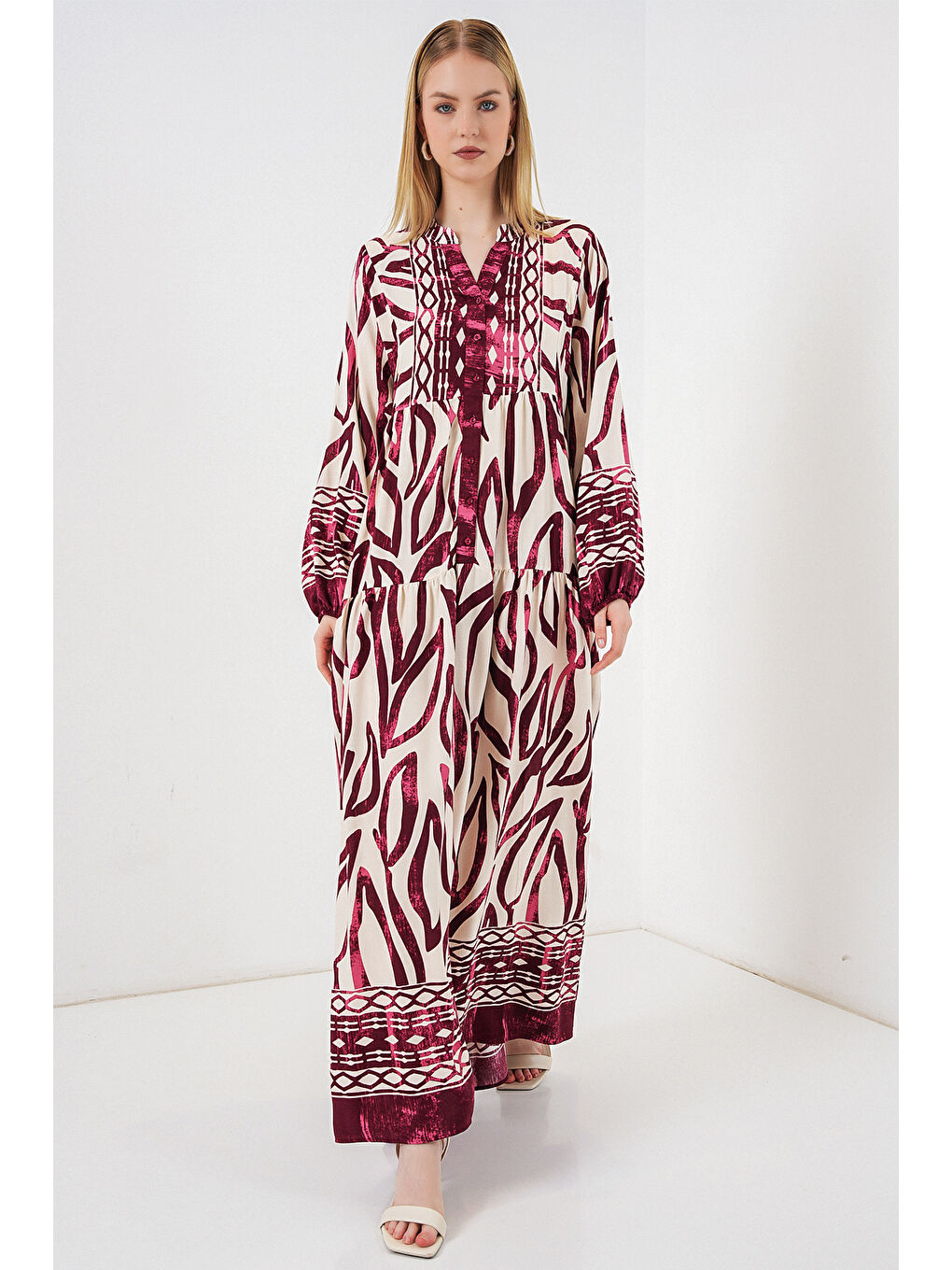 Kadın Desenli Uzun Tesettür Elbise 2585 - H. Bordo-3