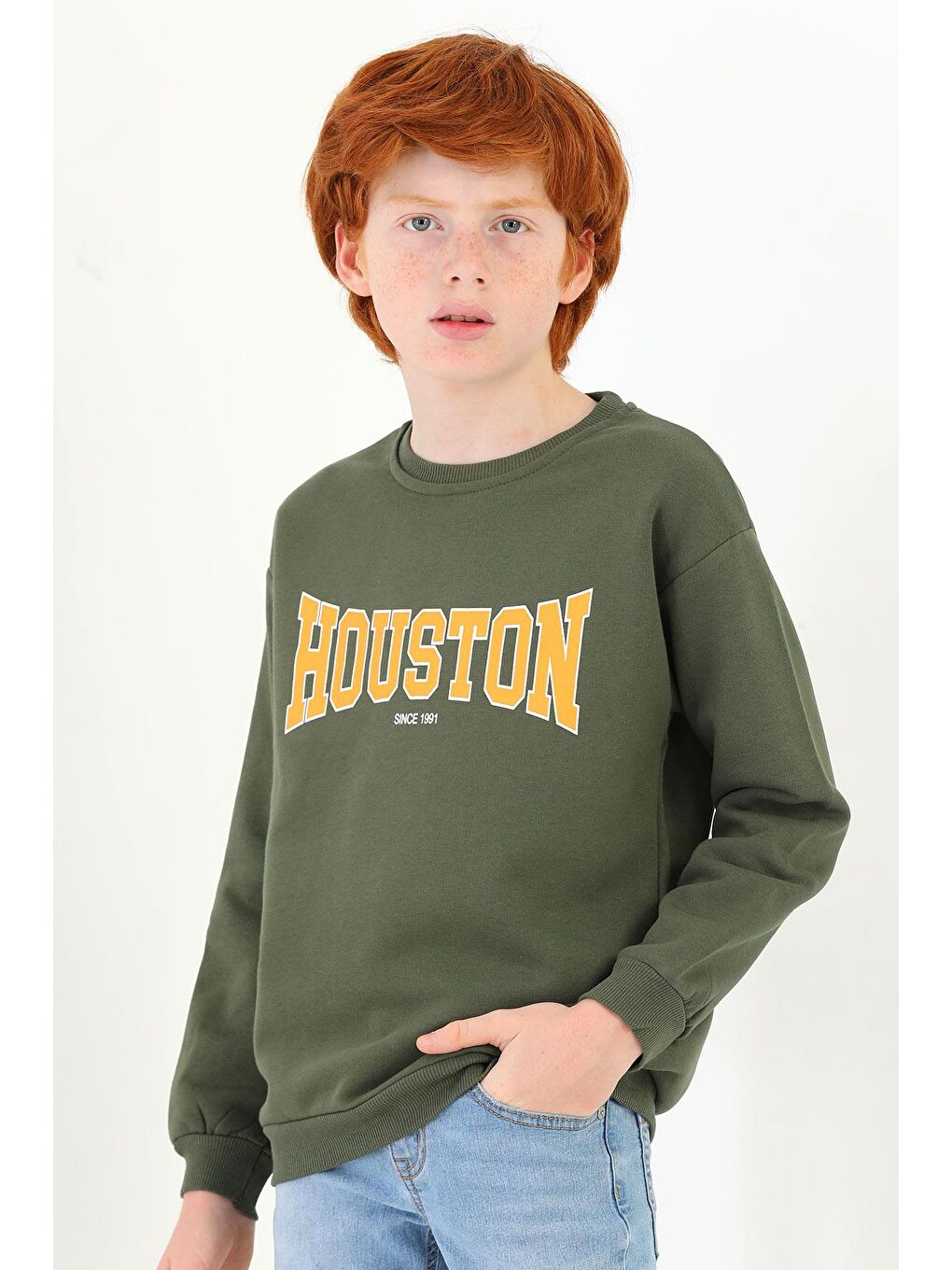 Bisiklet Yaka Uzun Kol Haki Renk Erkek Çocuk Sweatshirt-1