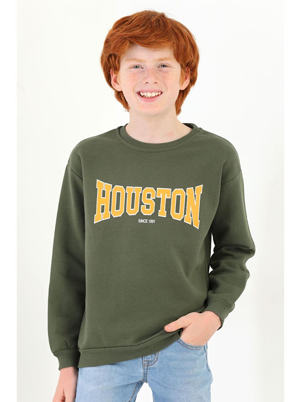 Bisiklet Yaka Uzun Kol Haki Renk Erkek Çocuk Sweatshirt-2