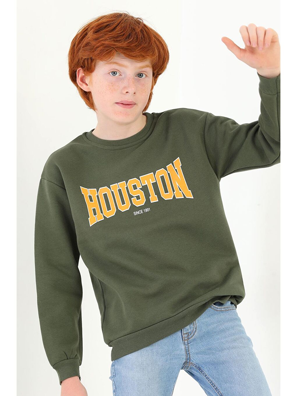 Bisiklet Yaka Uzun Kol Haki Renk Erkek Çocuk Sweatshirt-3