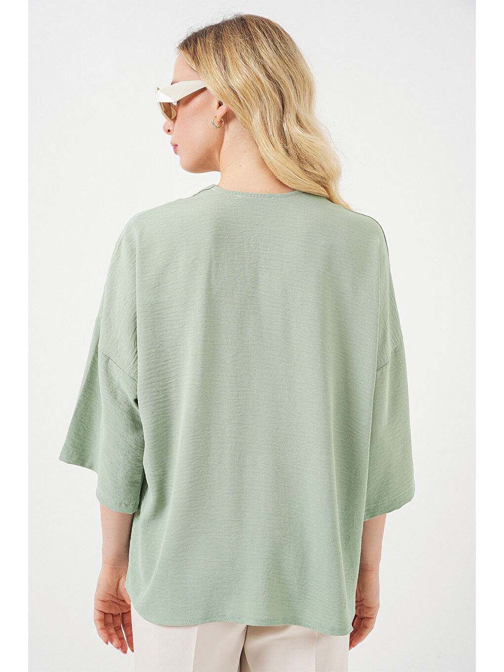 Yeşil Kadın Kısa Kol Oversize Kimono 5969 - Çağla-5