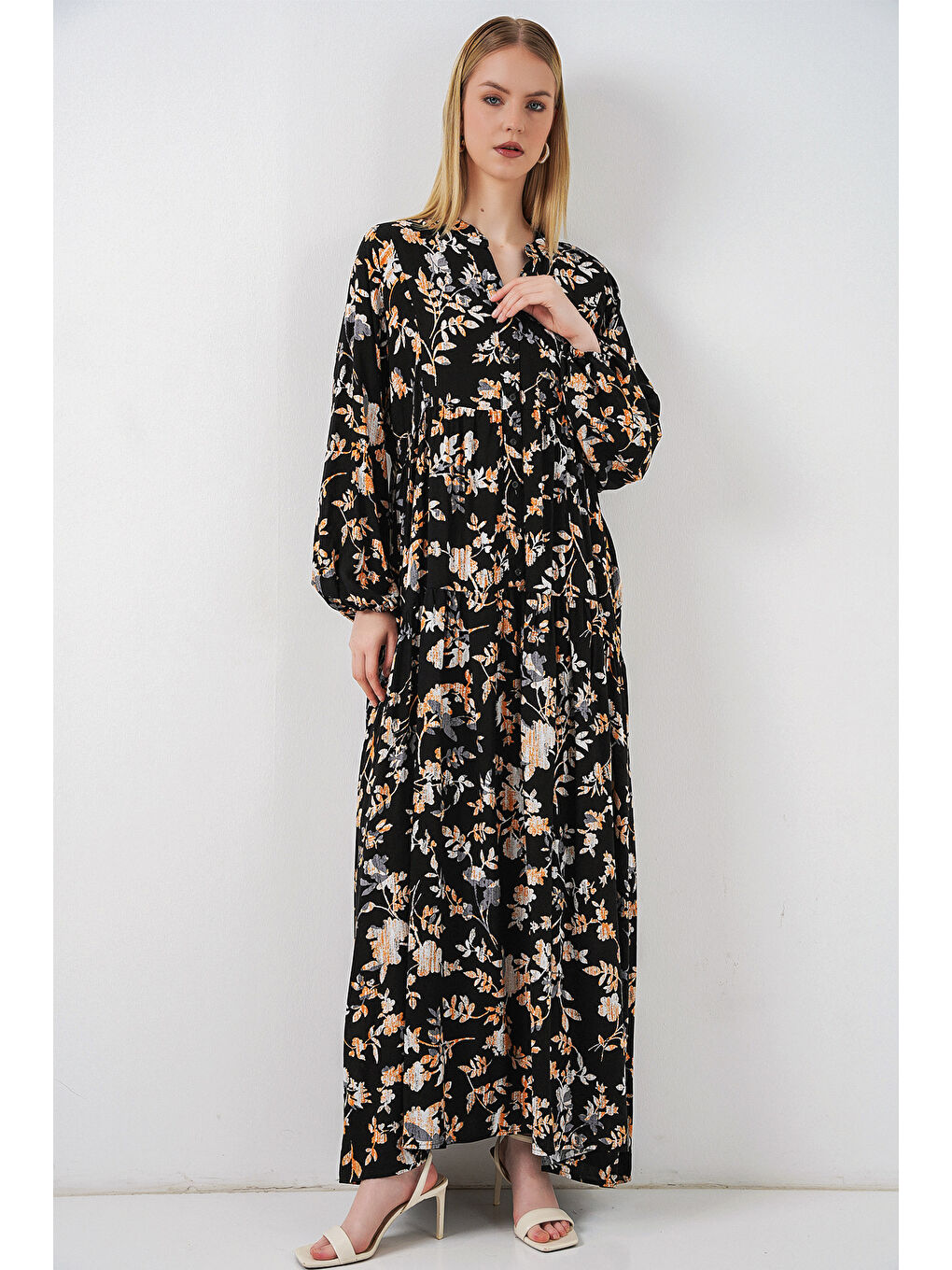 Kadın Desenli Uzun Tesettür Elbise 2585 - V. Siyah-3