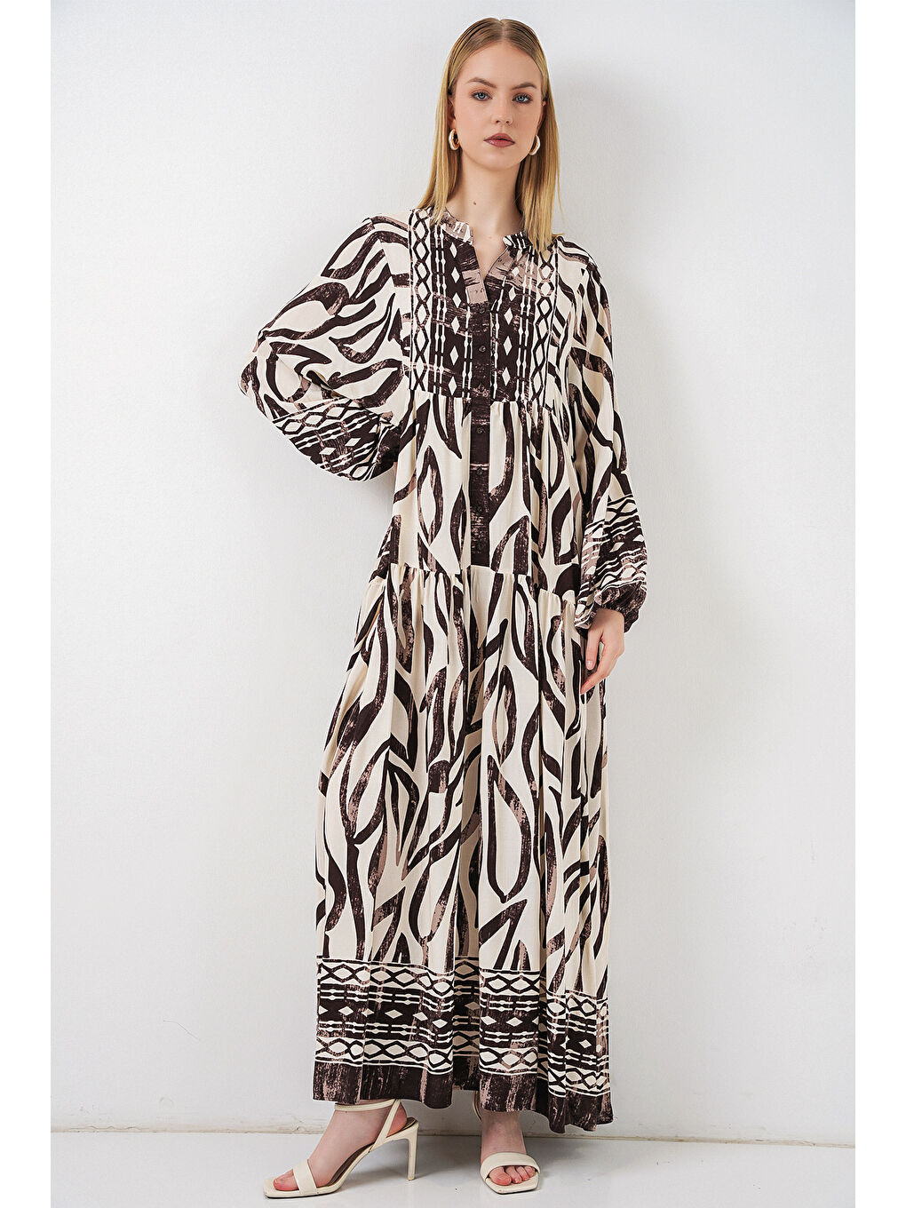 Bej Kadın Desenli Uzun Tesettür Elbise 2585 - K. Taba-3