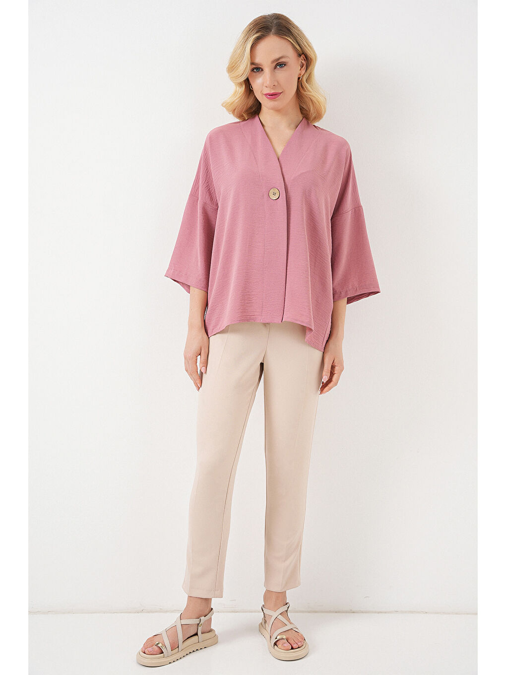 Pembe Kadın Kısa Kol Oversize Kimono 5969 - Gül Kurusu-1