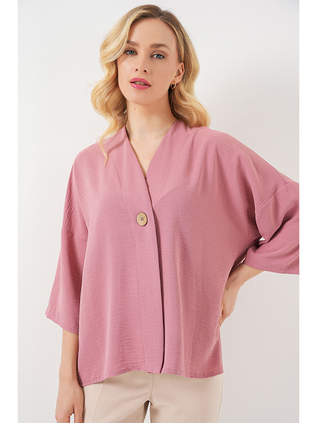 Pembe Kadın Kısa Kol Oversize Kimono 5969 - Gül Kurusu-2