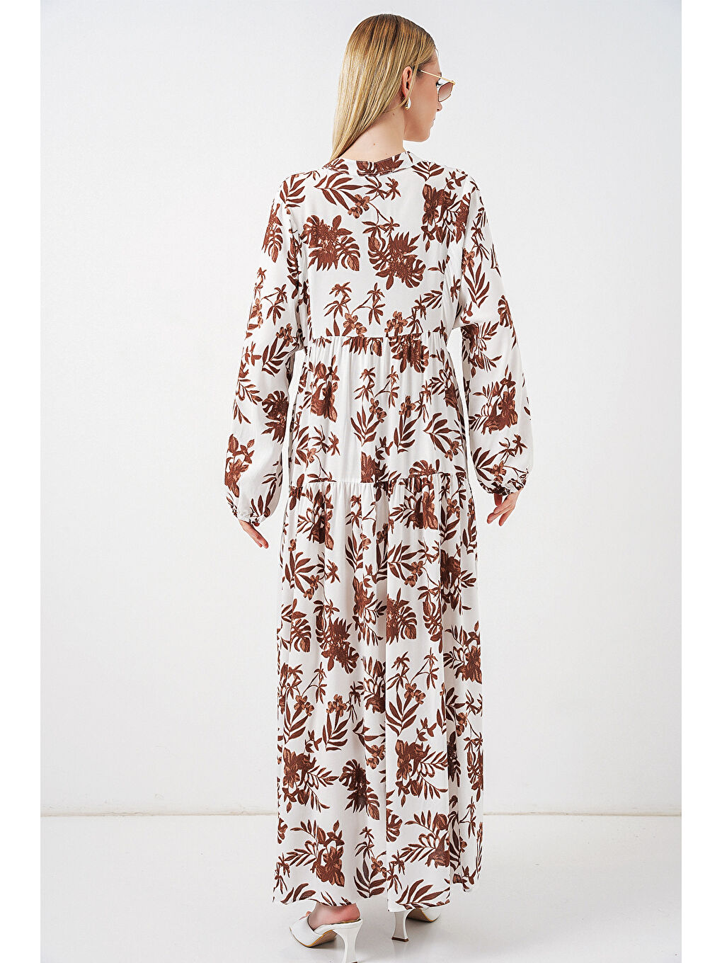 Kahverengi Kadın Desenli Uzun Tesettür Elbise 2585 - Taba-5