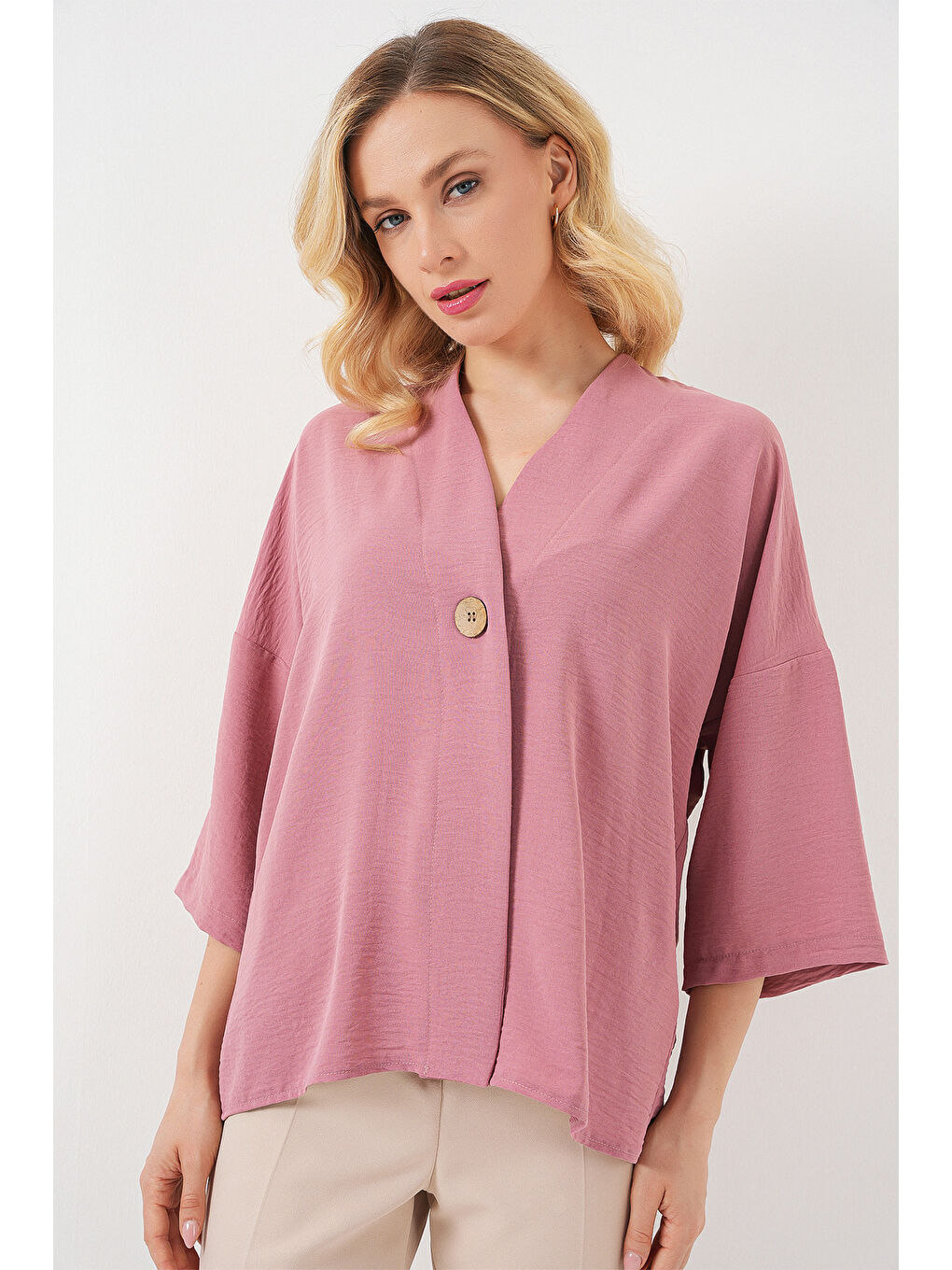 Pembe Kadın Kısa Kol Oversize Kimono 5969 - Gül Kurusu-3