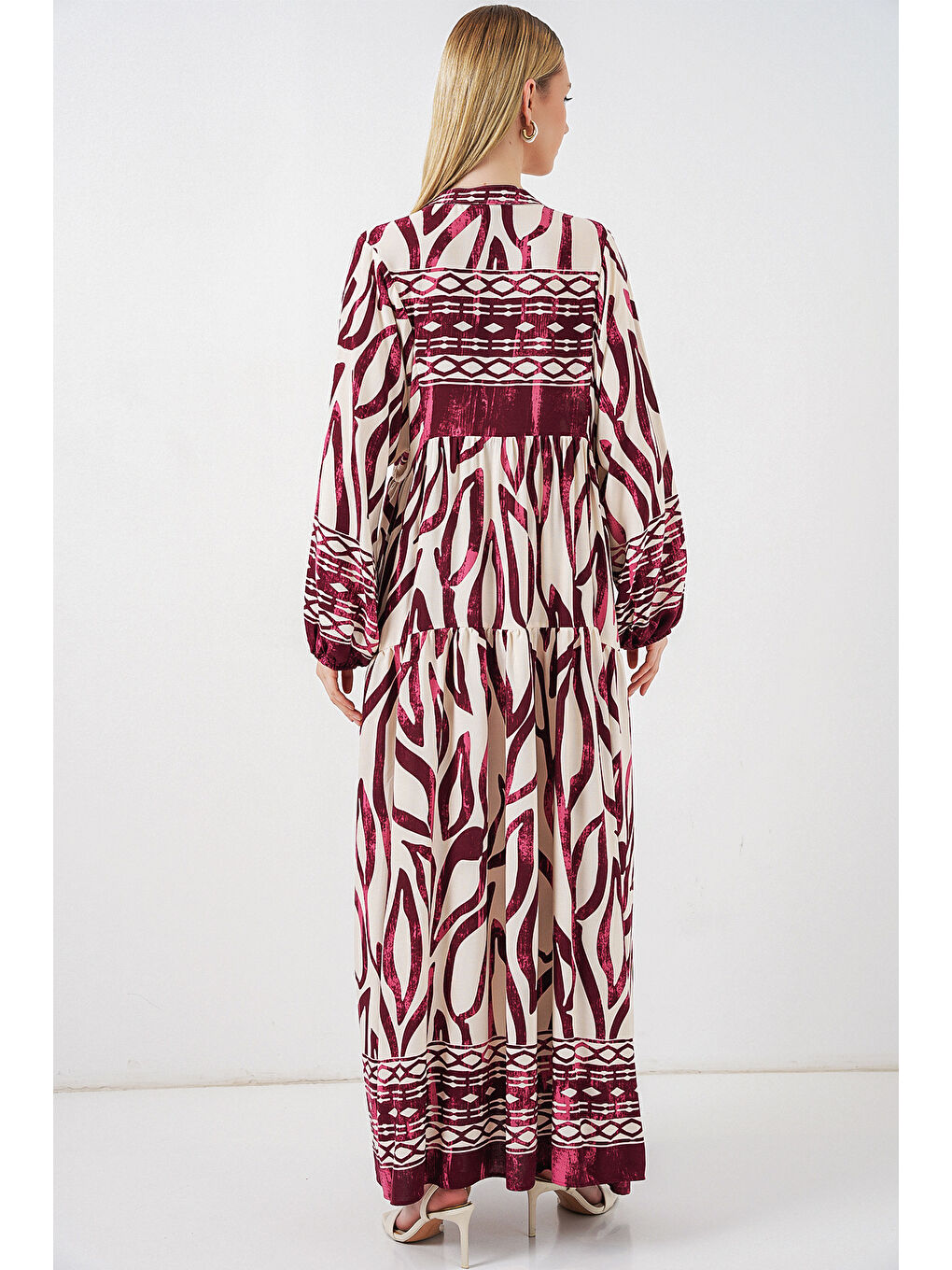 Kadın Desenli Uzun Tesettür Elbise 2585 - H. Bordo-5