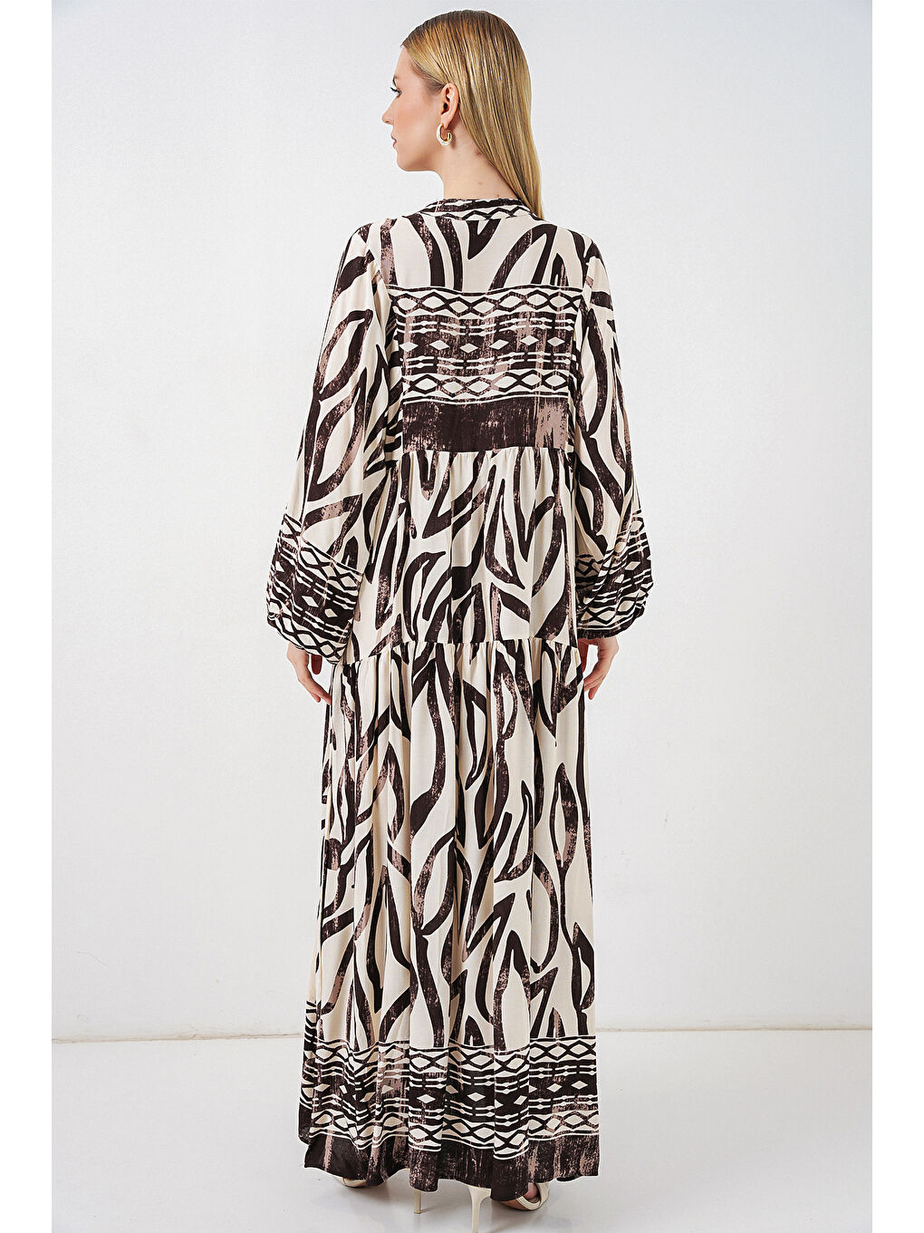 Bej Kadın Desenli Uzun Tesettür Elbise 2585 - K. Taba-5