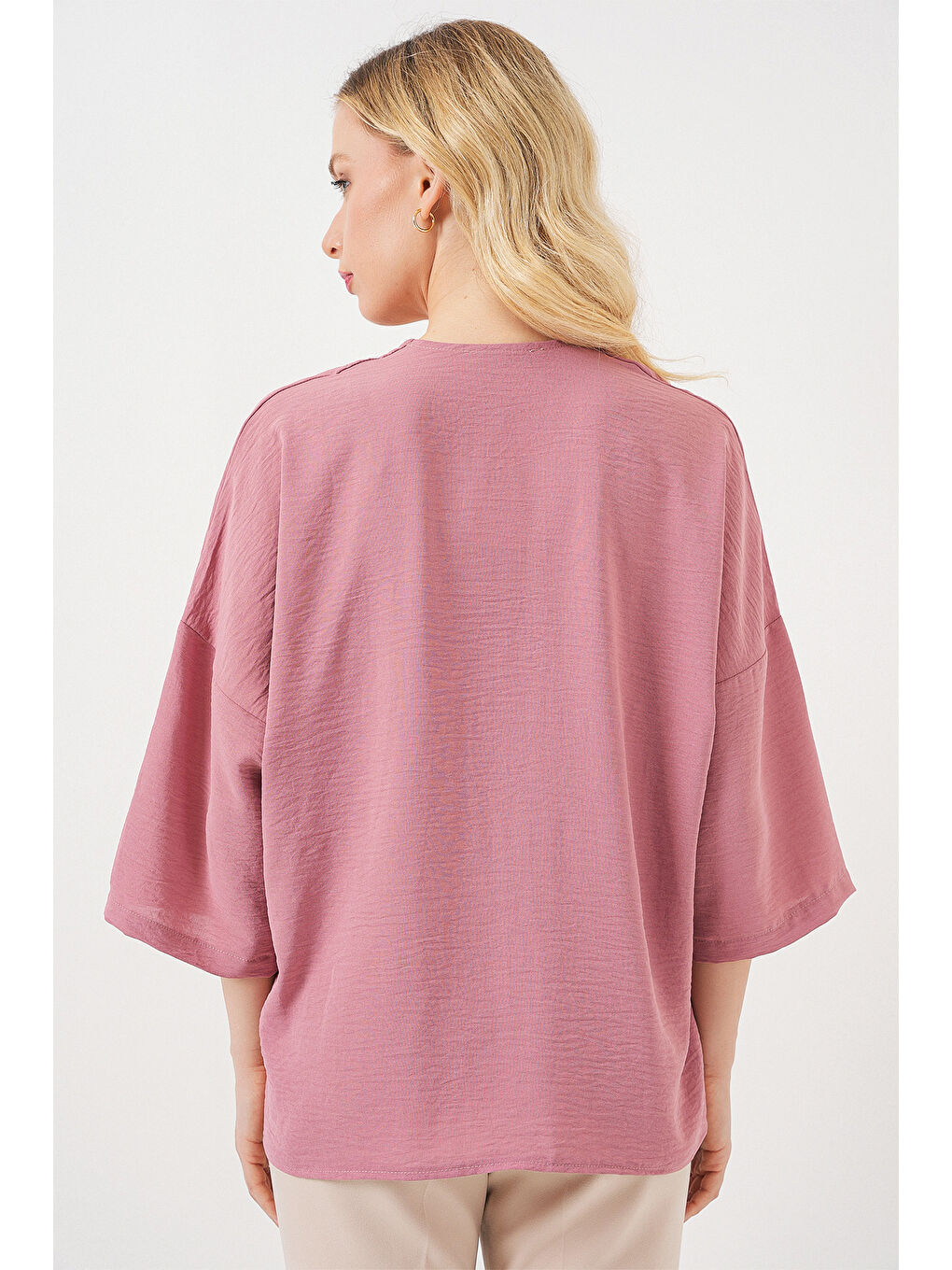 Pembe Kadın Kısa Kol Oversize Kimono 5969 - Gül Kurusu-5