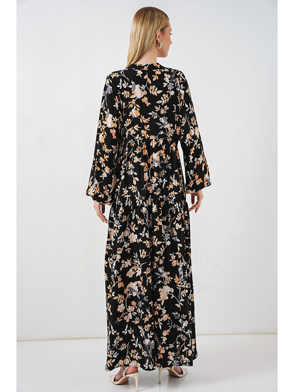 Kadın Desenli Uzun Tesettür Elbise 2585 - V. Siyah-5