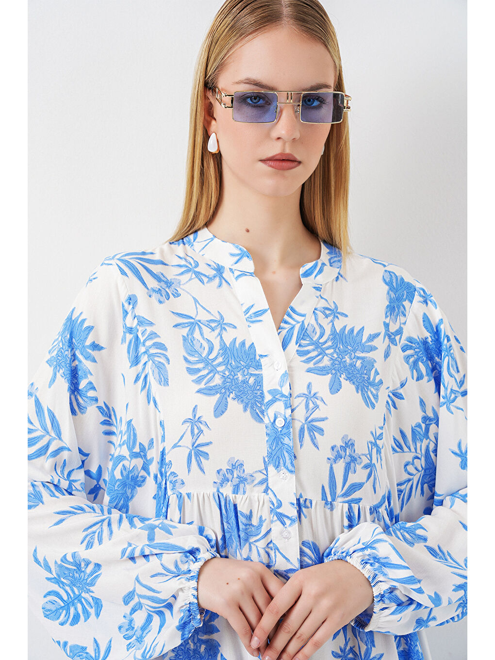 Kadın Desenli Uzun Tesettür Elbise 2585 - Buz Mavi-1