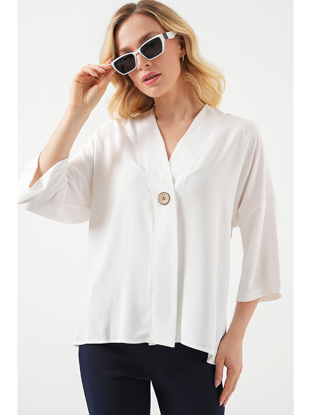 Kadın Kısa Kol Oversize Kimono 5969 - Beyaz