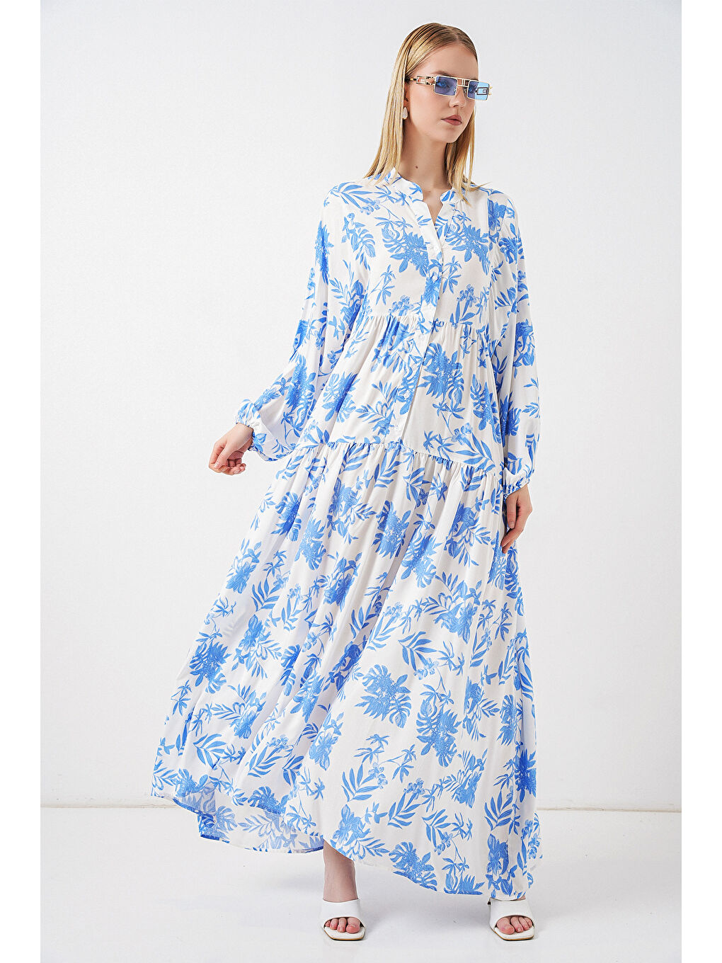 Kadın Desenli Uzun Tesettür Elbise 2585 - Buz Mavi-2