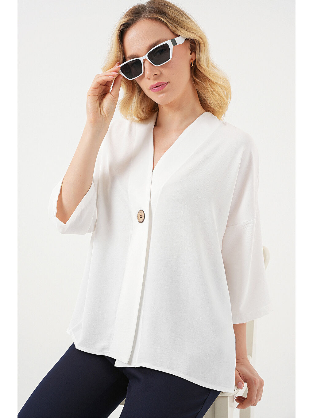 Kadın Kısa Kol Oversize Kimono 5969 - Beyaz-2