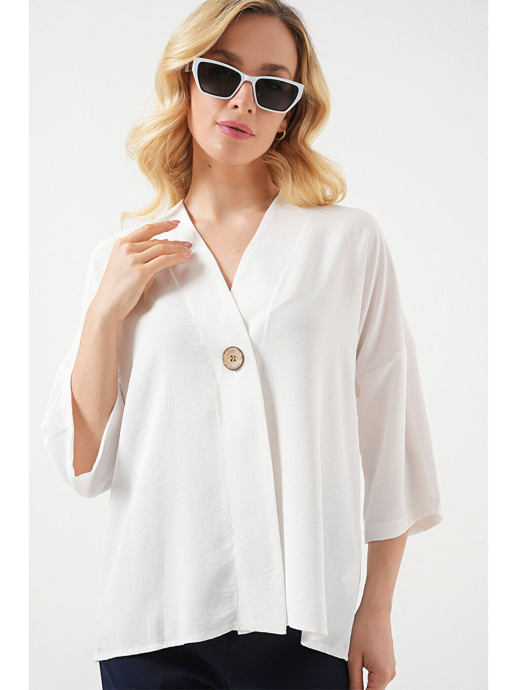 Kadın Kısa Kol Oversize Kimono 5969 - Beyaz-3