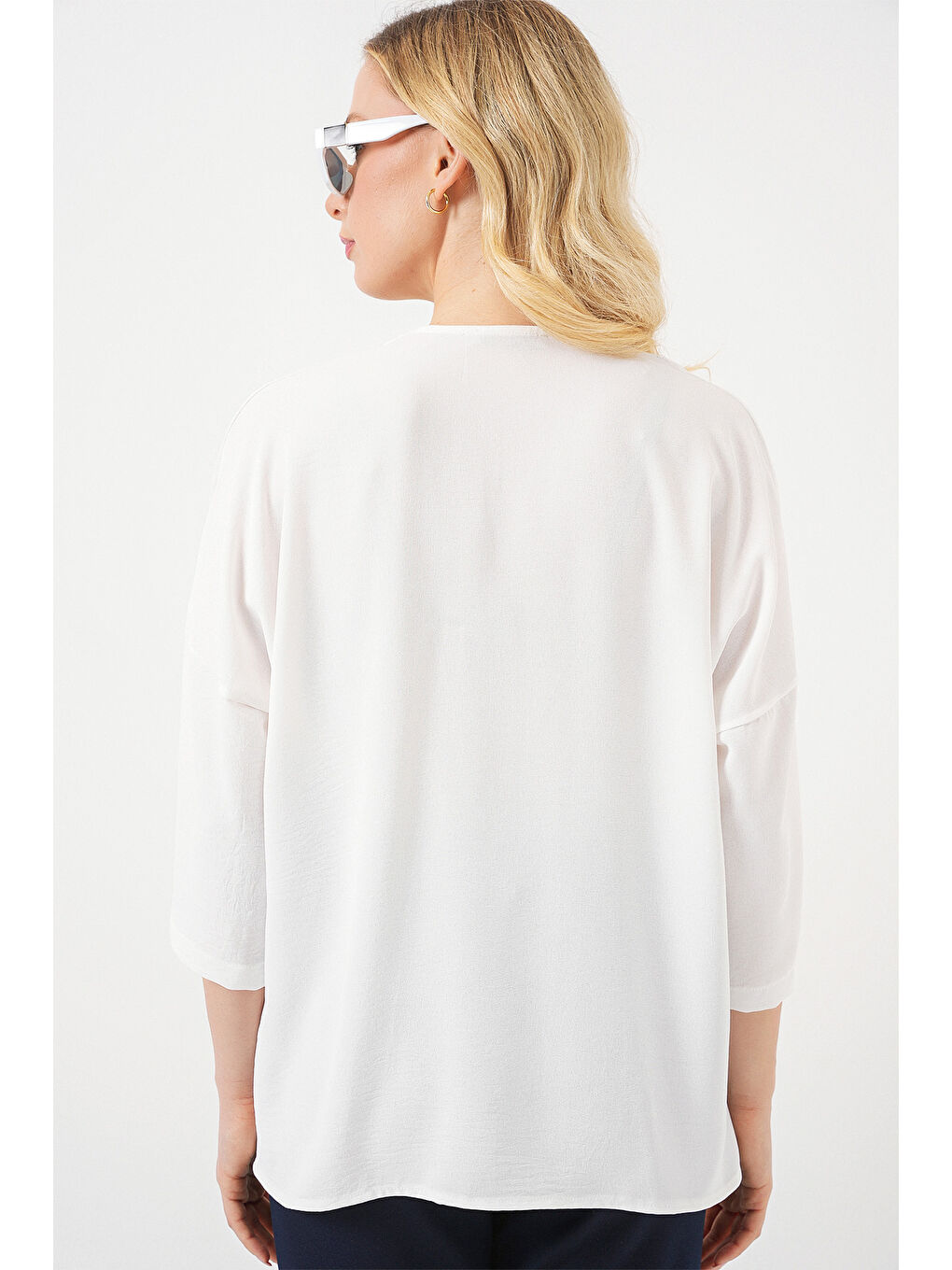 Kadın Kısa Kol Oversize Kimono 5969 - Beyaz-5