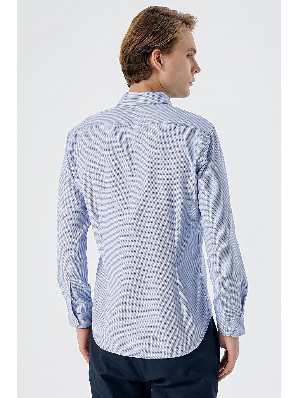 Koyu Mavi Uzun Kollu Desenli Armürlü Düğmeli Yaka Cepsiz  Pamuklu Klasik Slim Fit Gömlek 1004235148-5