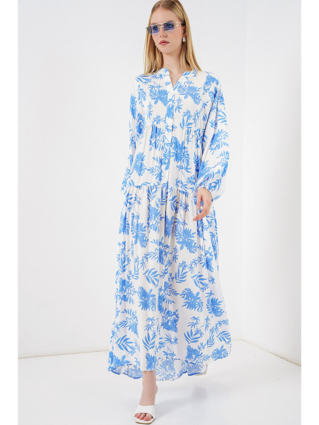 Kadın Desenli Uzun Tesettür Elbise 2585 - Buz Mavi-3