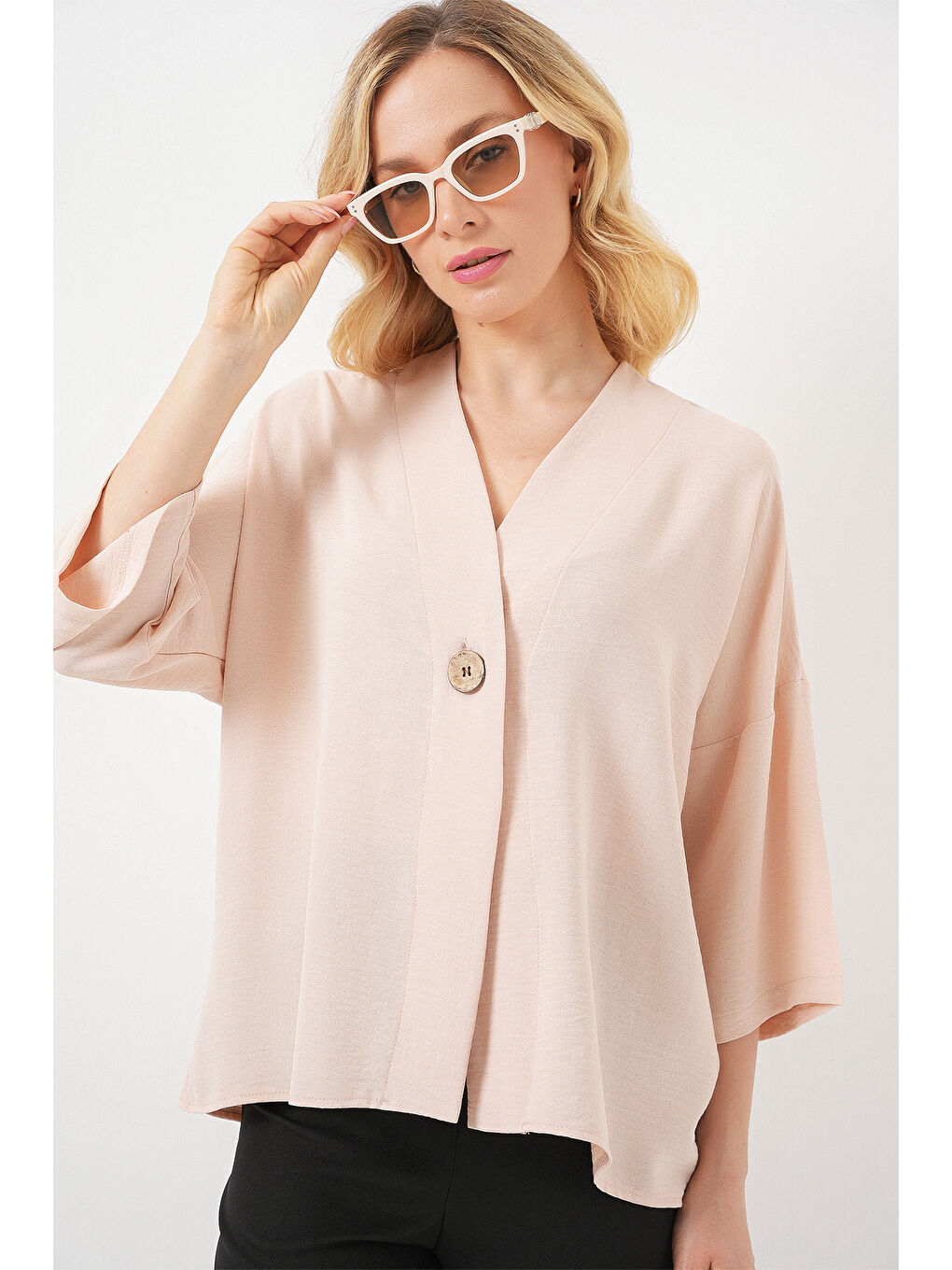 Ekru Kadın Kısa Kol Oversize Kimono 5969 - Krem