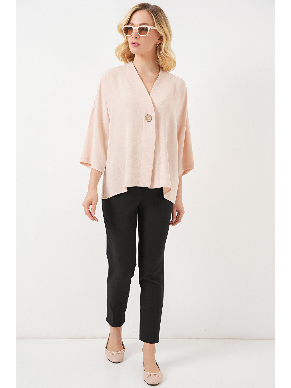 Ekru Kadın Kısa Kol Oversize Kimono 5969 - Krem-1