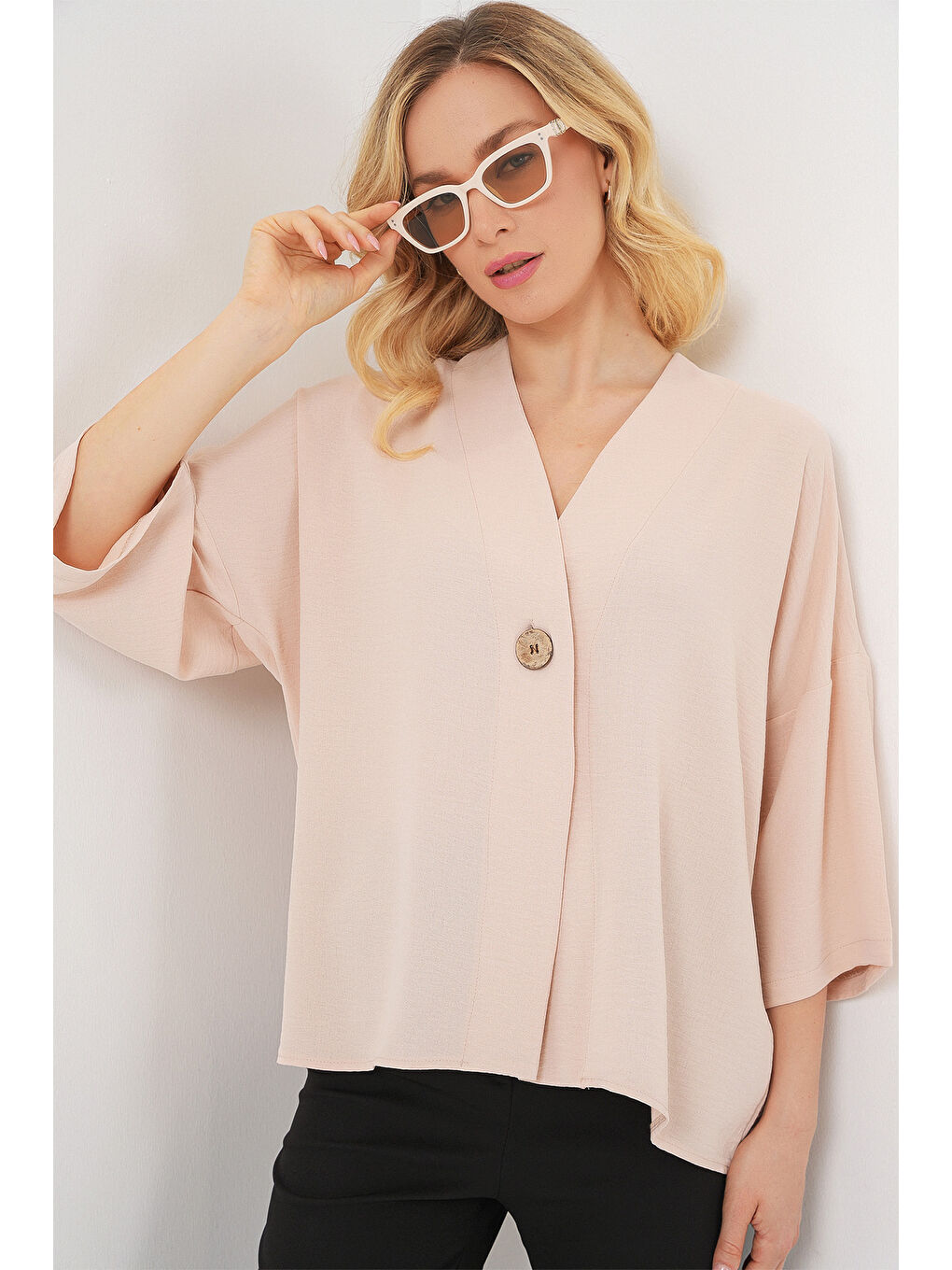 Ekru Kadın Kısa Kol Oversize Kimono 5969 - Krem-2