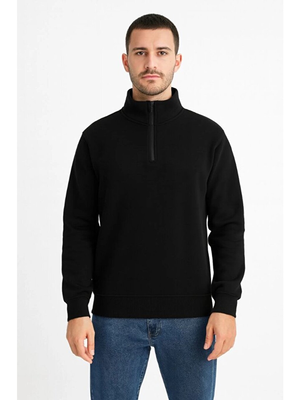 Erkek Dik Yaka Sweatshirt Dik Yaka Yarım Fermuarlı 3 İplik Şardonlu Pamuk Kumaş - Siyah-1