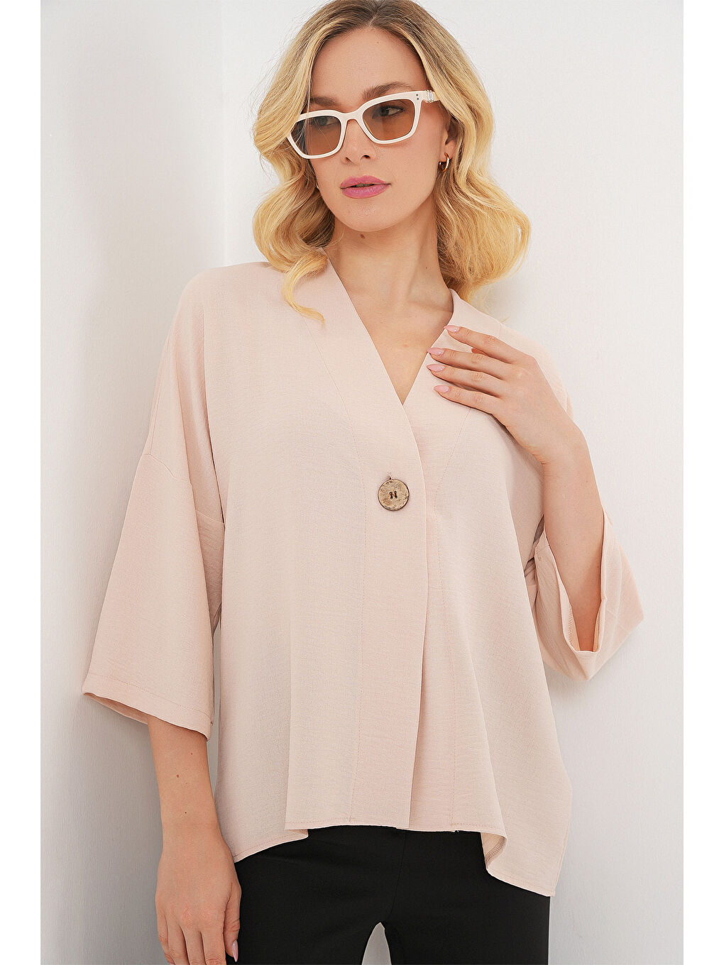 Ekru Kadın Kısa Kol Oversize Kimono 5969 - Krem-3