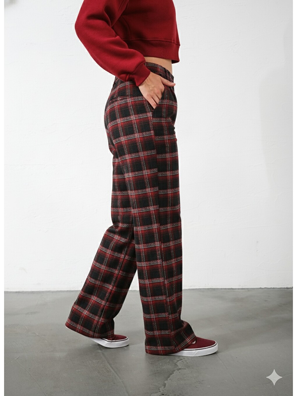 Kırmızı Ekoseli Flanel Yüksek Bel Pijama Altı Rahat Kesim Geniş Paça Pamuklu Kadın Pantolon-3