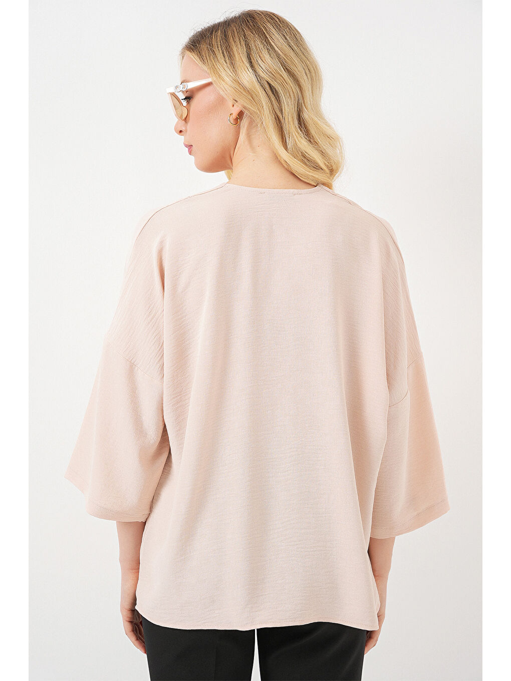 Ekru Kadın Kısa Kol Oversize Kimono 5969 - Krem-5