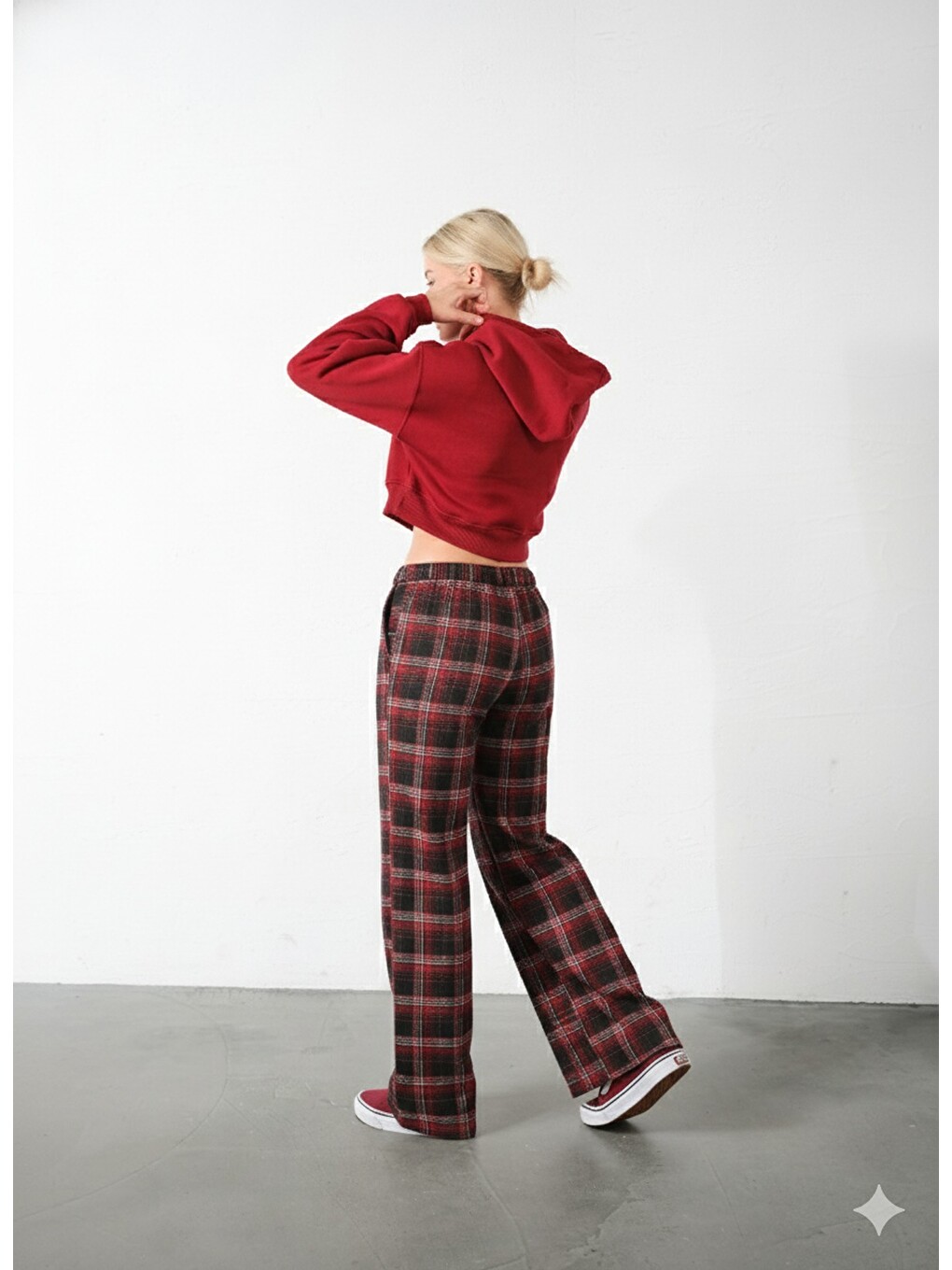 Kırmızı Ekoseli Flanel Yüksek Bel Pijama Altı Rahat Kesim Geniş Paça Pamuklu Kadın Pantolon-5