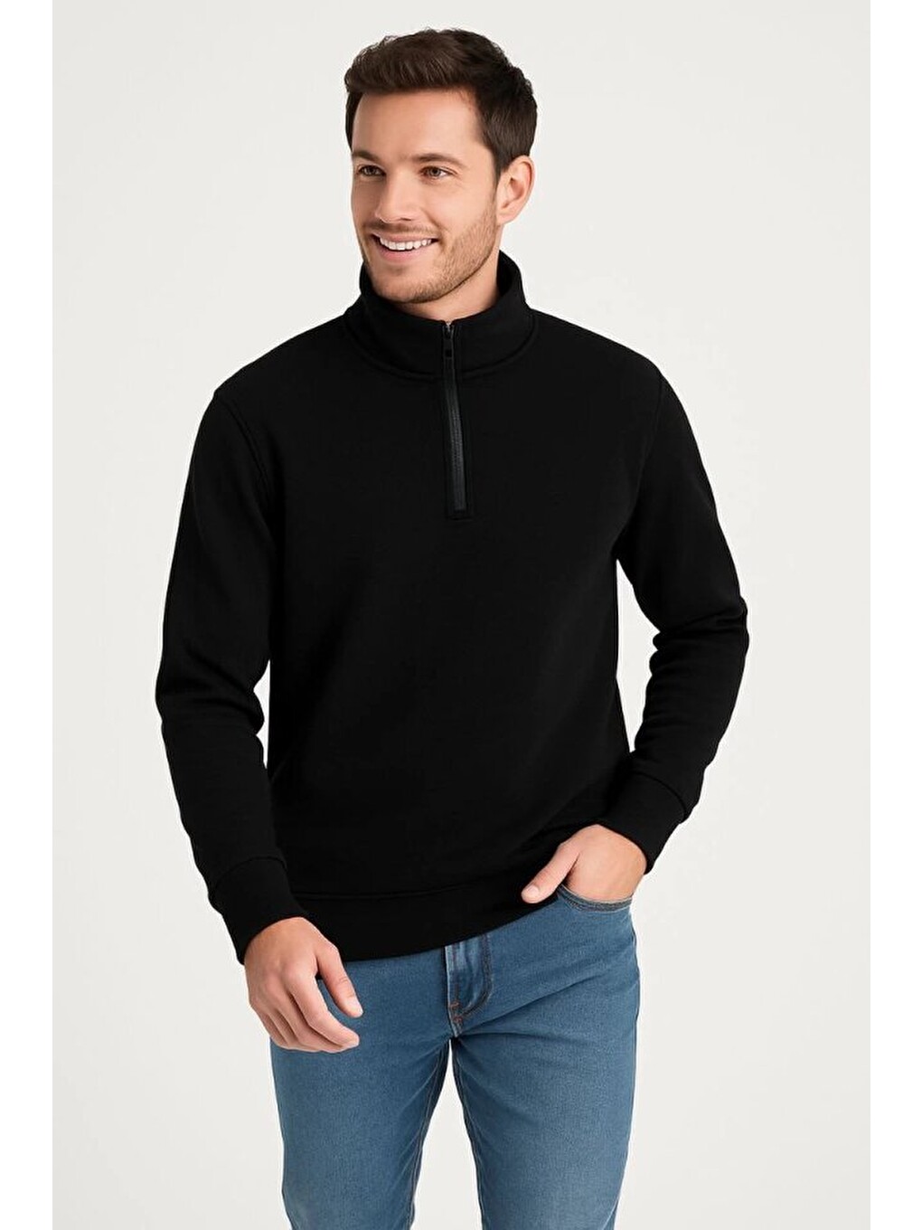 Erkek Dik Yaka Sweatshirt Dik Yaka Yarım Fermuarlı 3 İplik Şardonlu Pamuk Kumaş - Siyah-2
