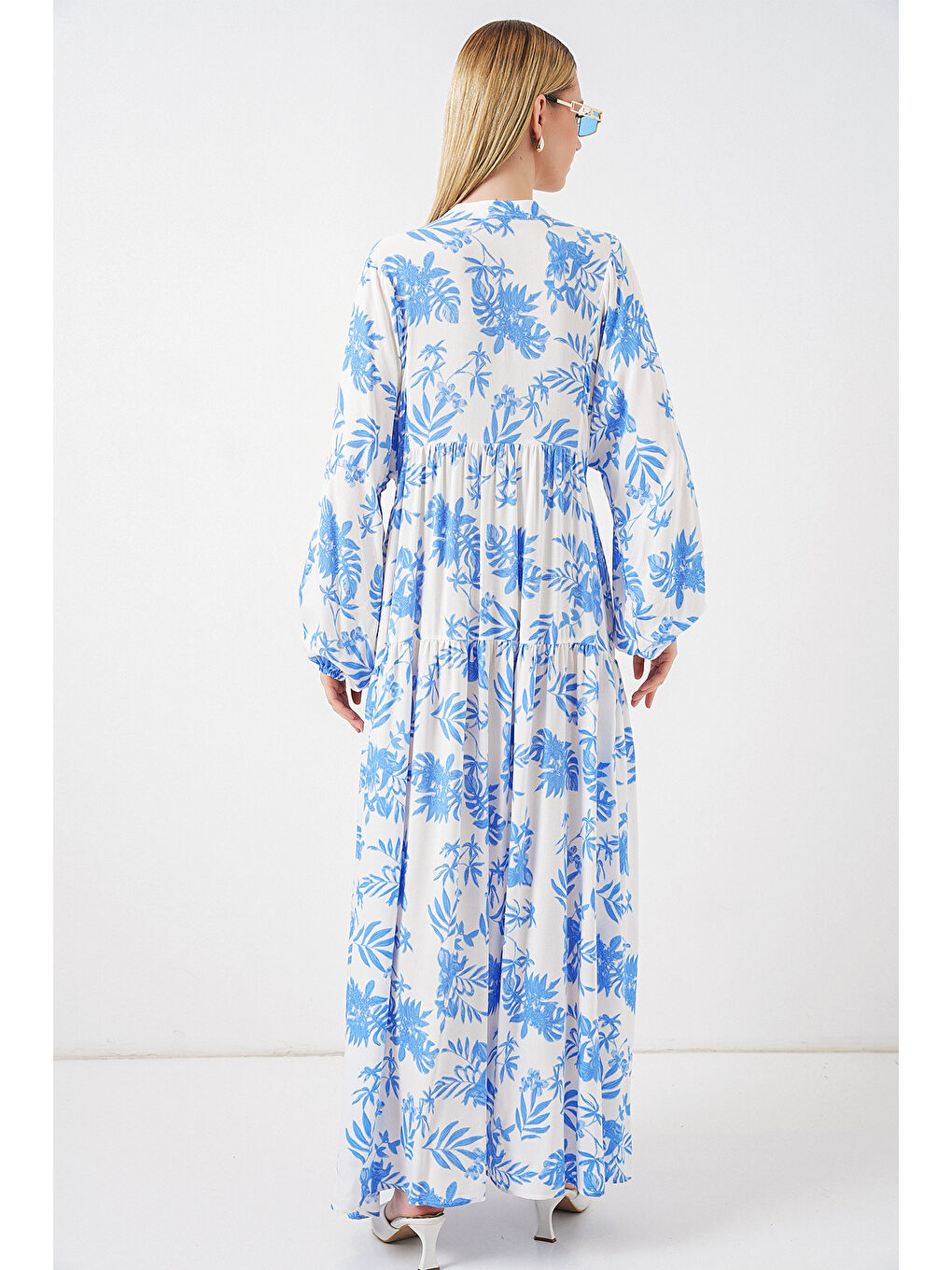 Kadın Desenli Uzun Tesettür Elbise 2585 - Buz Mavi-5