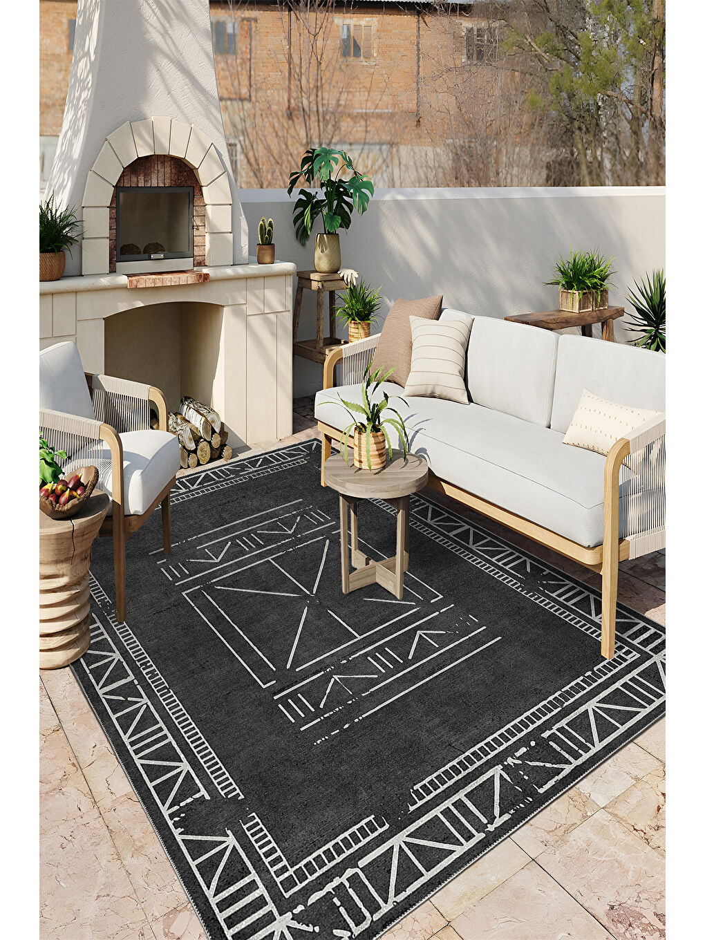 Siyah Dekoratif Salon Halısı, Makinada Yıkanabilir, Kaymaz Taban, İnce & Modern Tasarım-3