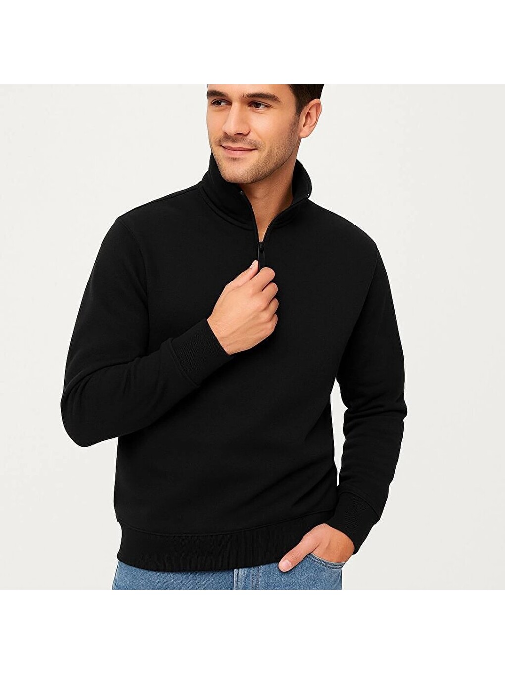 Erkek Dik Yaka Sweatshirt Dik Yaka Yarım Fermuarlı 3 İplik Şardonlu Pamuk Kumaş - Siyah-3