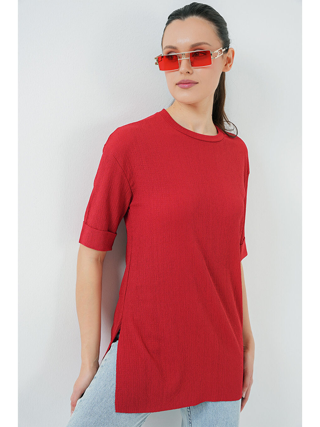 4332 Yanı Yırtmaçlı Örme Tişört - Kırmızı