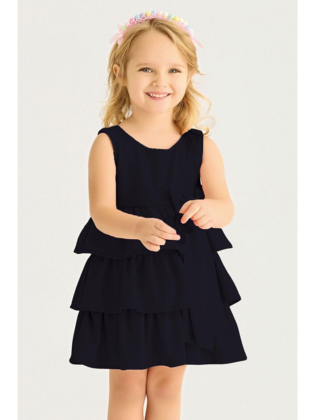 Bisiklet Yaka Kısa Kol Kurdele Detaylı Eteği Fırfırlı Sıfır Kol Lacivert Renk Kız Çocuk Elbise-1