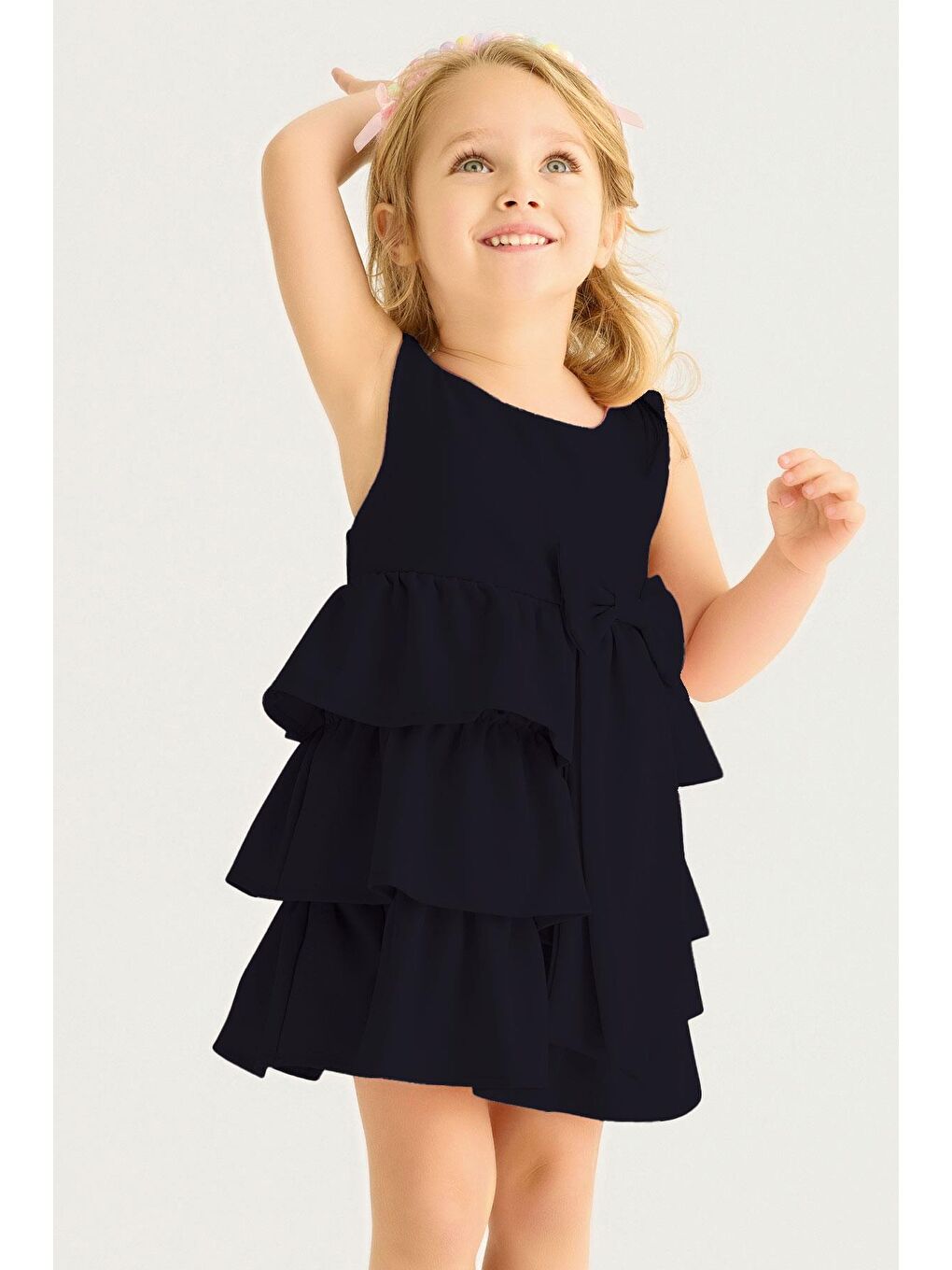 Bisiklet Yaka Kısa Kol Kurdele Detaylı Eteği Fırfırlı Sıfır Kol Lacivert Renk Kız Çocuk Elbise-2