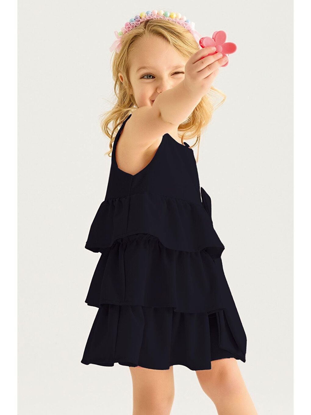 Bisiklet Yaka Kısa Kol Kurdele Detaylı Eteği Fırfırlı Sıfır Kol Lacivert Renk Kız Çocuk Elbise-3