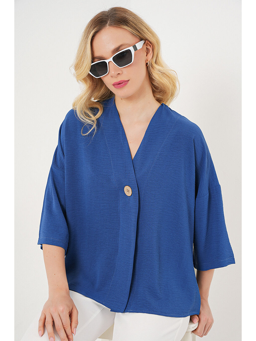 Kadın Kısa Kol Oversize Kimono 5969 - İndigo-2