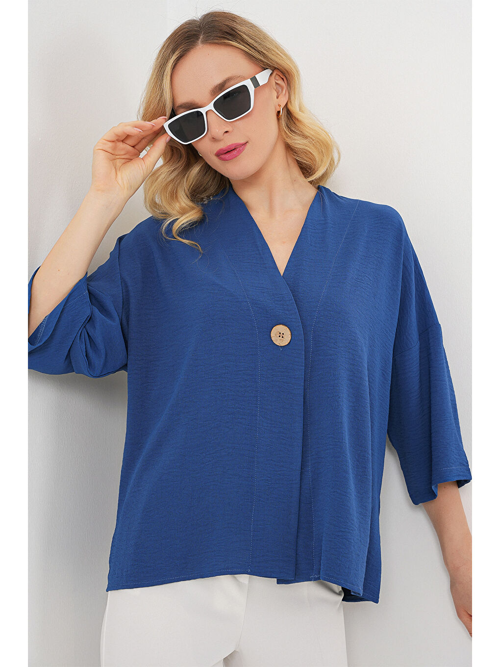 Kadın Kısa Kol Oversize Kimono 5969 - İndigo-3