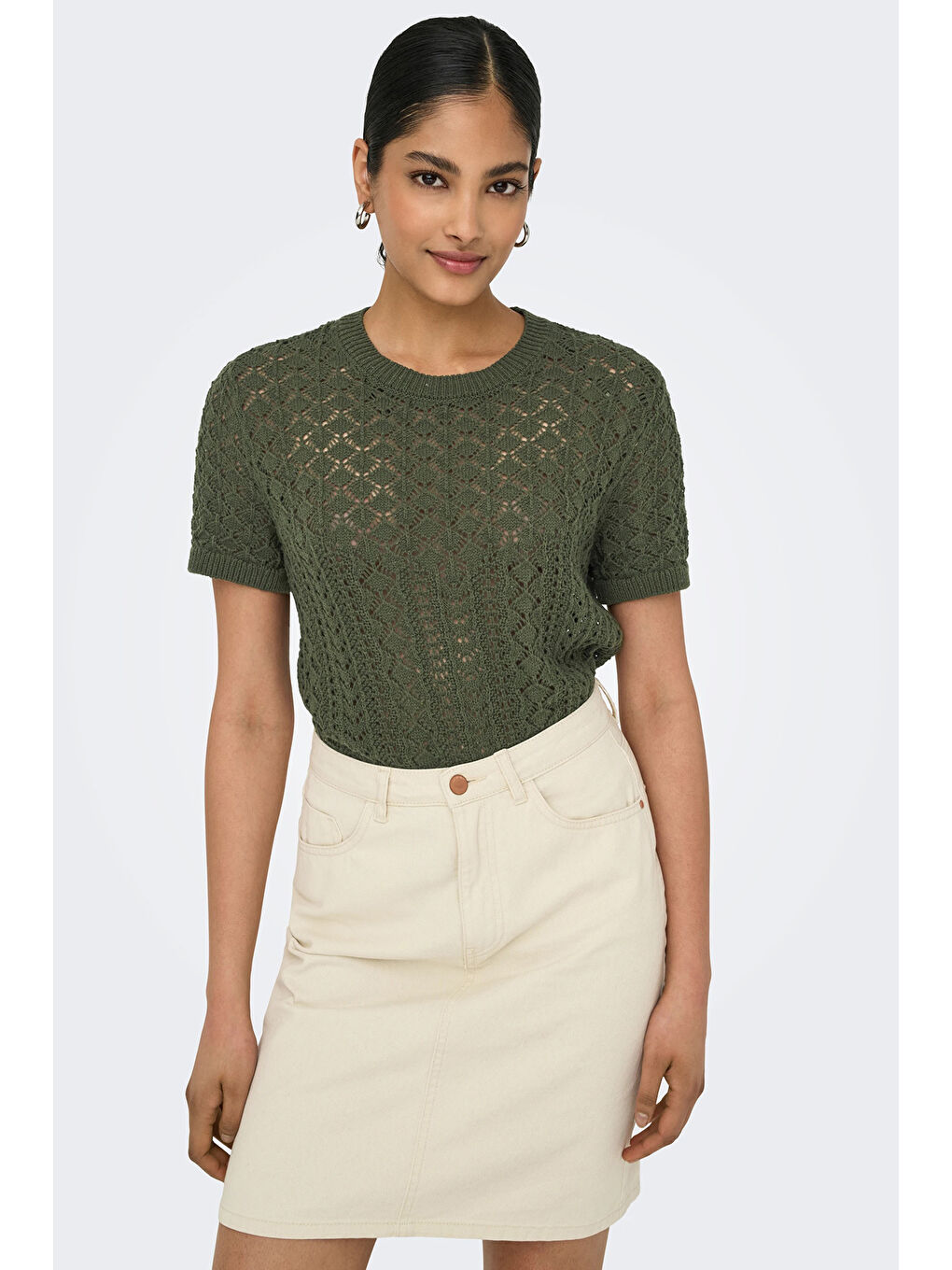 Haki Onlsaga Pamuklu Regular Fit Bisiklet Yaka Örme Kadın Bluz 15339662-2