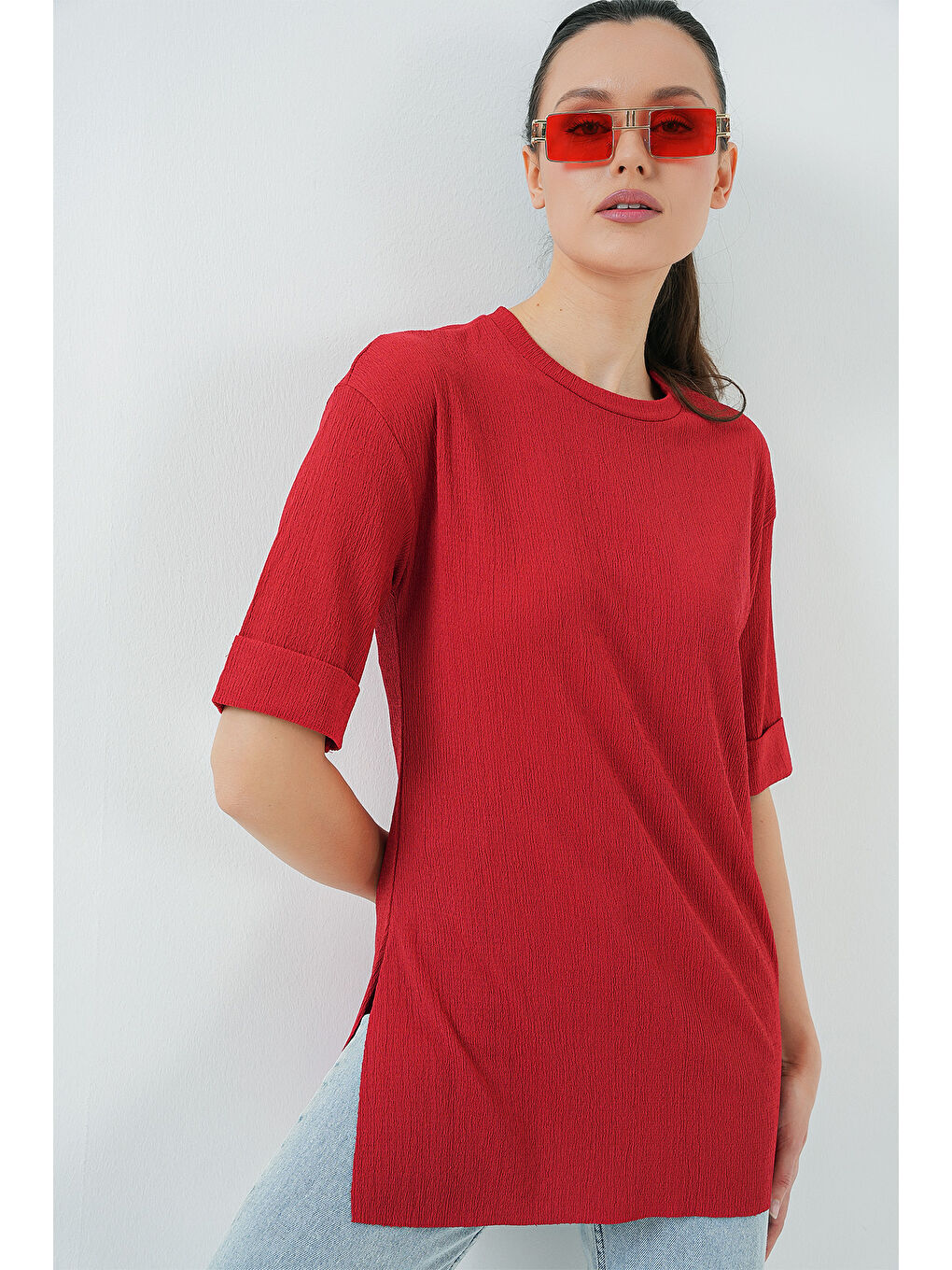 4332 Yanı Yırtmaçlı Örme Tişört - Kırmızı-1