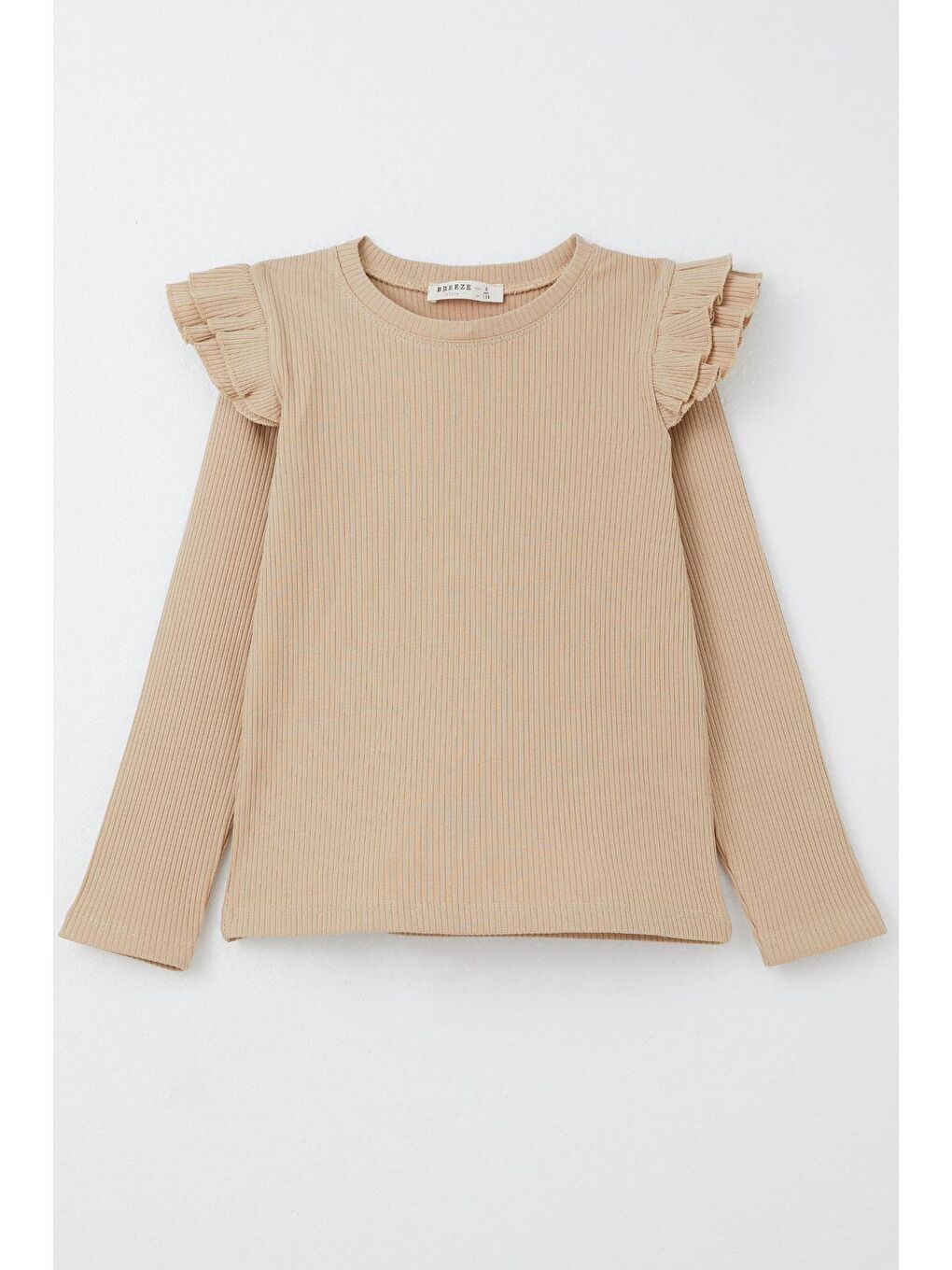 Kız Çocuk Uzun Kollu Tişört Omuzu Fırfırlı Koyu Bej (5-9 Yaş)