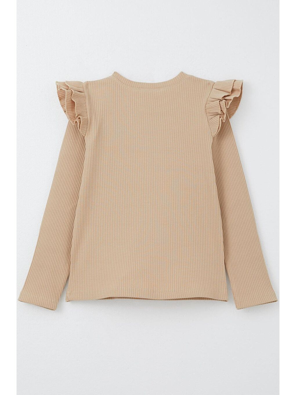 Kız Çocuk Uzun Kollu Tişört Omuzu Fırfırlı Koyu Bej (5-9 Yaş)-1