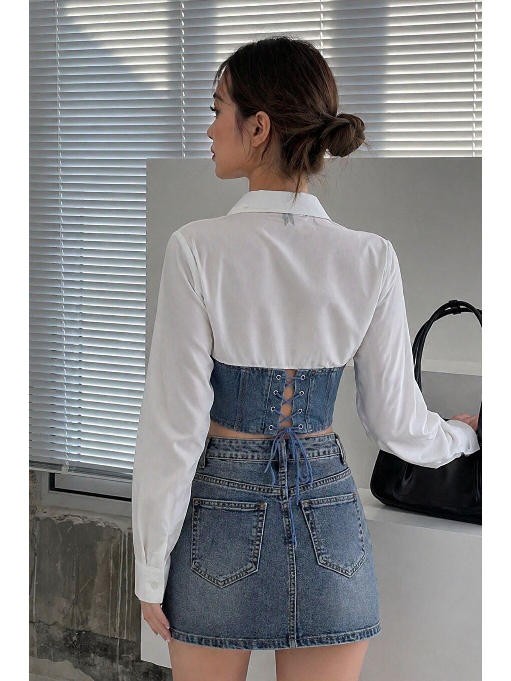 Beyaz Kadın Jean Korse Detaylı Özel Tasarım Slim Gömlek-1