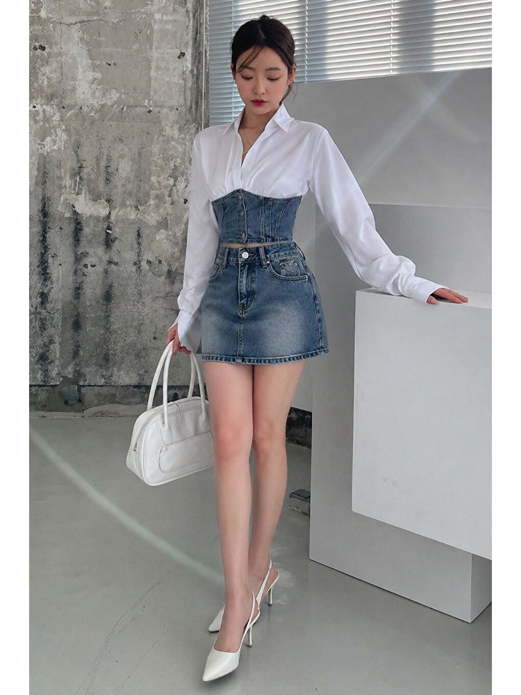 Beyaz Kadın Jean Korse Detaylı Özel Tasarım Slim Gömlek-2