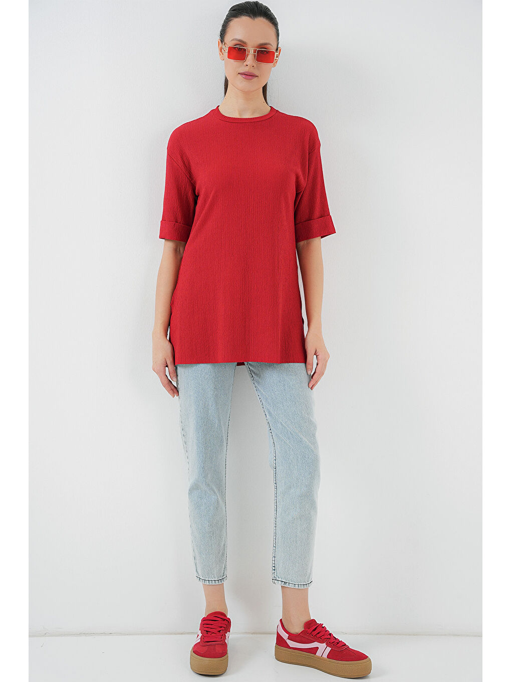 4332 Yanı Yırtmaçlı Örme Tişört - Kırmızı-2