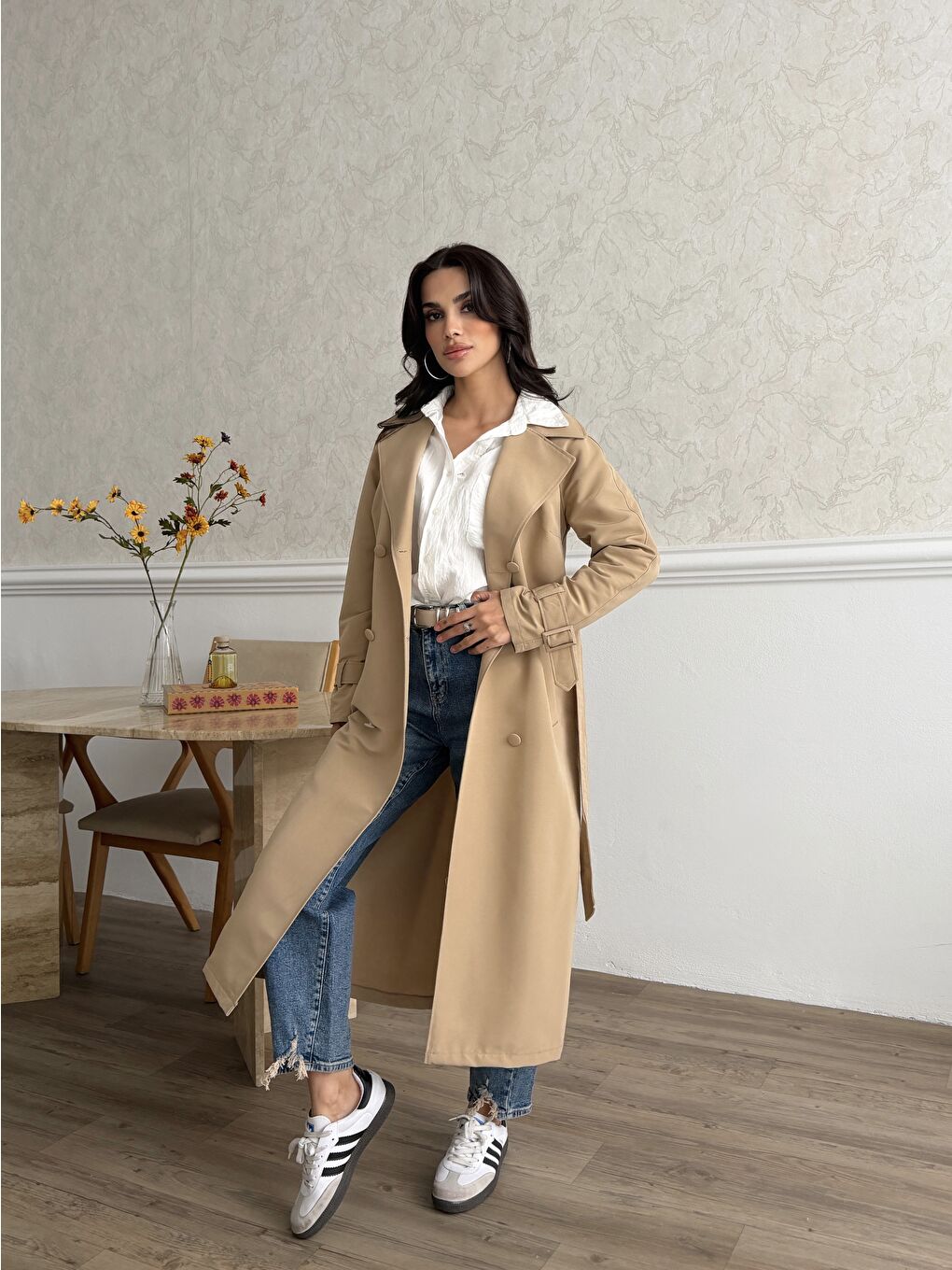 Kahverengi Kadın Klasik Cepli Kuşaklı Trend Midi Taba Trençkot